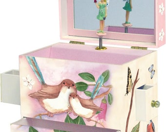 Enchantmints Süßer Zaunkönig Schmuckschatulle für Mädchen-Schatzkiste, Schatztruhe mit 4 ausziehbaren Schubladen & drehender Figur, Spieluhr für Kinder