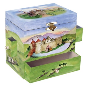 May include: A wooden music box with a hand-painted scene of a castle and a tent in a green field. The box has a drawer and a hinged lid with a gold latch. The music box plays a tune when the key is wound.
