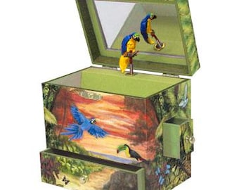Fanciful Feathers Parrot Musical Jewelry Box - Spins to Hungarian Dance No. 5, 3 Pullout Drawers, Kids Treasure Storage, Gift for Girls
