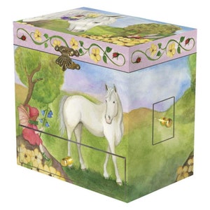 Enchantmints Horse Fairy Musical Jewelry Box for Girls, Boys Treasure Box with 4 Pullout Drawers for Coins & Bands, Ideal Gift for kids