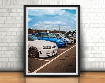 Japanese Car Meet, JDM, Subaru, Nissan R32, R34- Automotive Photograph Art Print Decoration