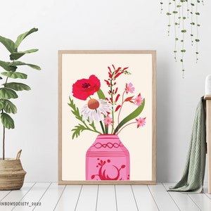 Impressão de flor de papoula - impressão de flor boho - pôster de flores - arte de parede boho - Impressão de vaso de flores - impressão boho - Arte de parede de flores - Flores abstratas