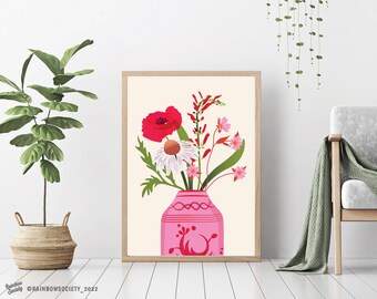 Poppy Flower Print: Abstract Floral Vase, Boho Wall Art