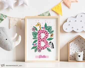 Personalised Letter Print - Nursery Decor - Kids Room Decor - Girls Room print - Girls jungle wall art - Nursery Prints - Initial Print