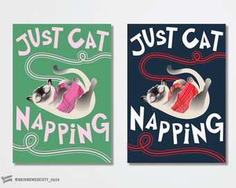 Siamese Cat Napping Art Print: Fun Bedroom Wall Decor