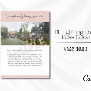 May include: A pink and white printable guide for Disneyland Lightning Lane Pass. The guide includes information about the new Lightning Lane Multi Pass, Lightning Lane Single Pass, and Virtual Queues. The guide is 6 pages long and editable. The text on the guide reads "Hooray! You booked a Disneyland trip! Now what? The next few pages will go over everything you need to know about the new Lightning Lane Multi Pass, Lightning Lane Single Pass and Virtual Queues. This guide will ensure that you are fully prepared to make the most out of your vacation with the convenience of planning ahead and riding the most rides with the shortest waiting times!" The guide also includes a photo of a street in Disneyland.