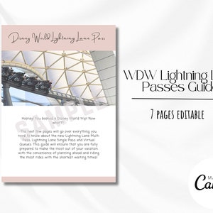 Puede incluir: Una guía para los pases Lightning Lane de Disney World, con una foto de una montaña rusa. La guía tiene 7 páginas y es editable. El texto en la página dice "¡Hurra! ¡Reservaste un viaje a Disney World! ¿Ahora qué??" y "Las siguientes páginas repasarán todo lo que necesitas saber sobre los nuevos Lightning Lane Multi Pass, Lightning Lane Single Pass y Virtual Queues. Esta guía te asegurará estar completamente preparado para aprovechar al máximo tus vacaciones con la comodidad de planificar con anticipación y montar en los paseos más populares con los tiempos de espera más cortos!"