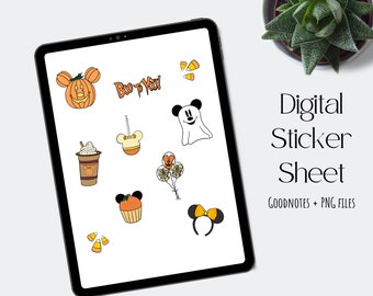 May include: Digital sticker sheet with Halloween themed images, including a pumpkin, ghost, Mickey Mouse ears, and a coffee cup. The text "Boo to You!" is also included.