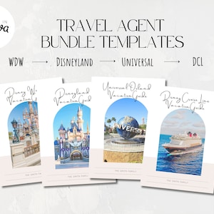 May include: Four printable vacation guide templates for Disney World, Disneyland, Universal Orlando, and Disney Cruise Line. Each template features a colorful image of a popular attraction and the text "Vacation Guide" with the name of the destination.