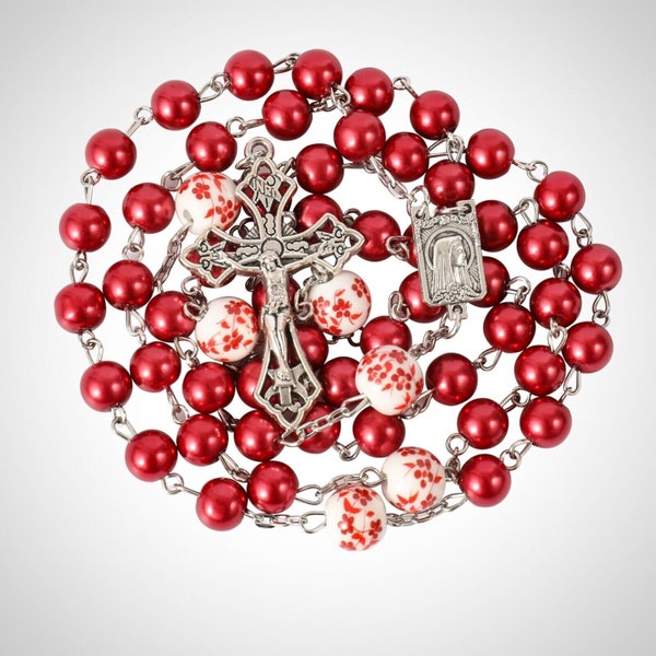 Red Beads Rosary Necklace White Flowers Beaded Chaplet Lourdes Medal with Silver Cross 21" Packed in Velvet Bag