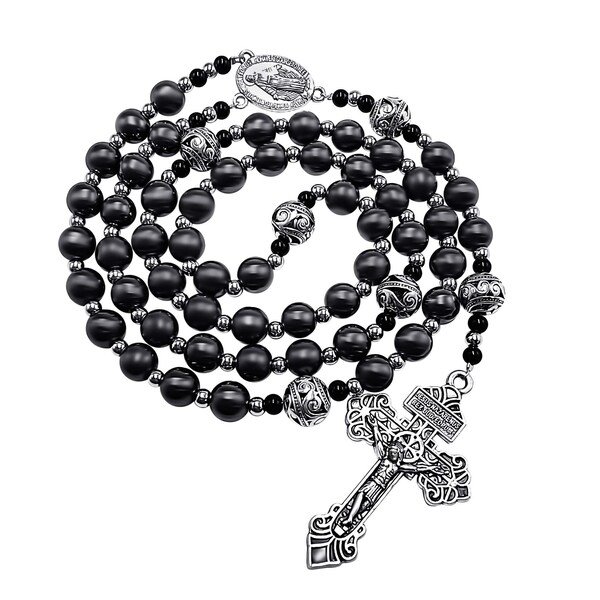 Hematite Black Stone Beads Rosary Necklace  Metal Mystery Beads Miraculous Medal & Our Father Pardon  Cross