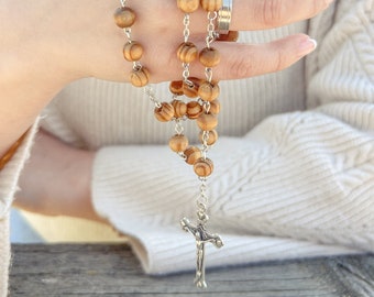 Olive Wood Beads Rosary Necklace Mary Holy Soil Medal and Silver Jesus Cross