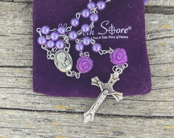 Handmade Purple Pearl Beads Rosary Catholic Necklace Flowers Mystery Beads With Holy Soil Mary Medal and Cross Crucifix - Velvet gift bag