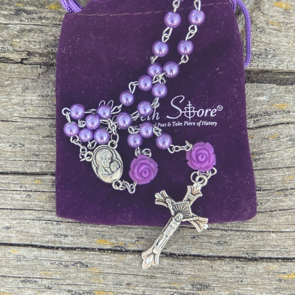 Handmade Purple Pearl Beads Rosary Catholic Necklace Flowers Mystery Beads With Holy Soil Mary Medal and Cross Crucifix - Velvet gift bag