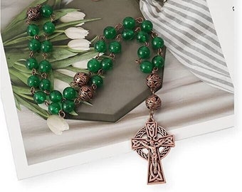 Anglican Green Jade Stone Beads Rosary Bronze Metal Beaded Prayer Rosary Celtic Cross Crucifix