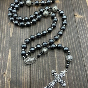 Black Rosary Beads Natural Hematite Catholic Rosary Necklace With Glory ...