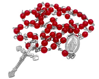 Red 6mm Glass Beads Rosary Necklace Miraulous Medal Silver Cross