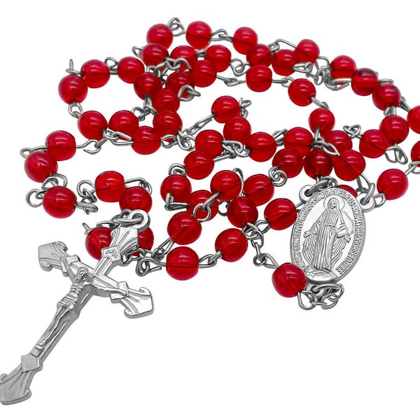 Red 6mm Glass Beads Rosary Necklace Miraulous Medal Silver Cross