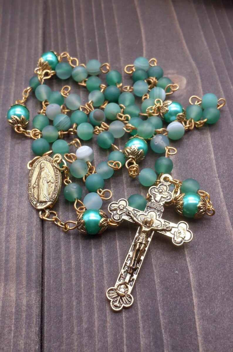 Green Pearl Matte Beads Rosary Necklace Catholic Chaplet With - Etsy