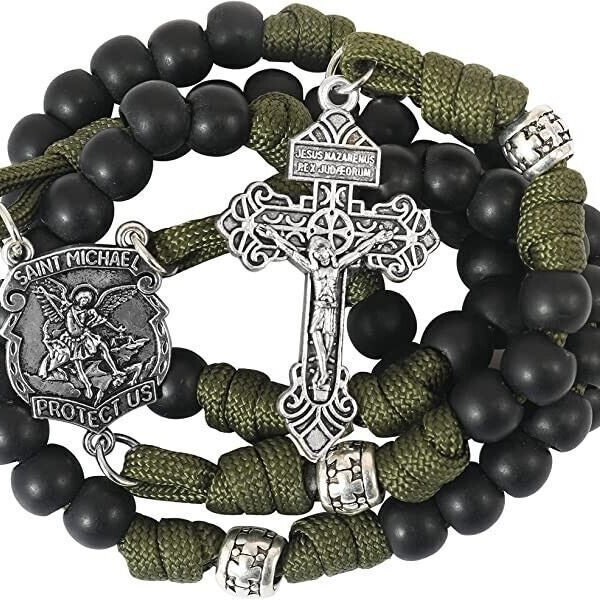 St Michael Paracord Rosary Rugged Beaded Cord Necklace Catholic Pardon Crucifix