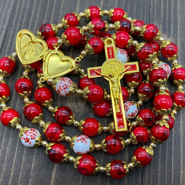 St. Benedict Red Glass Beads Rosary Necklace White Flowers Mystery Beads Rosario Miraculous Locket Medal with Golden Cross