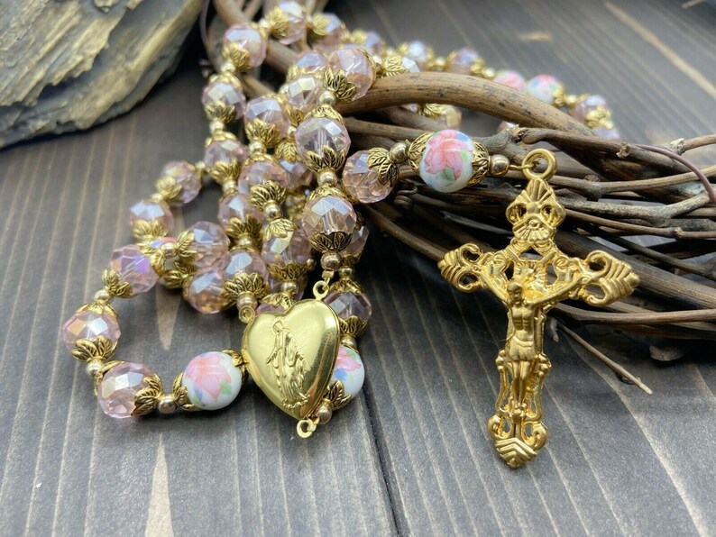 Pink Crystal Beads Rosary Necklace Catholic Chaplet Holy Etsy