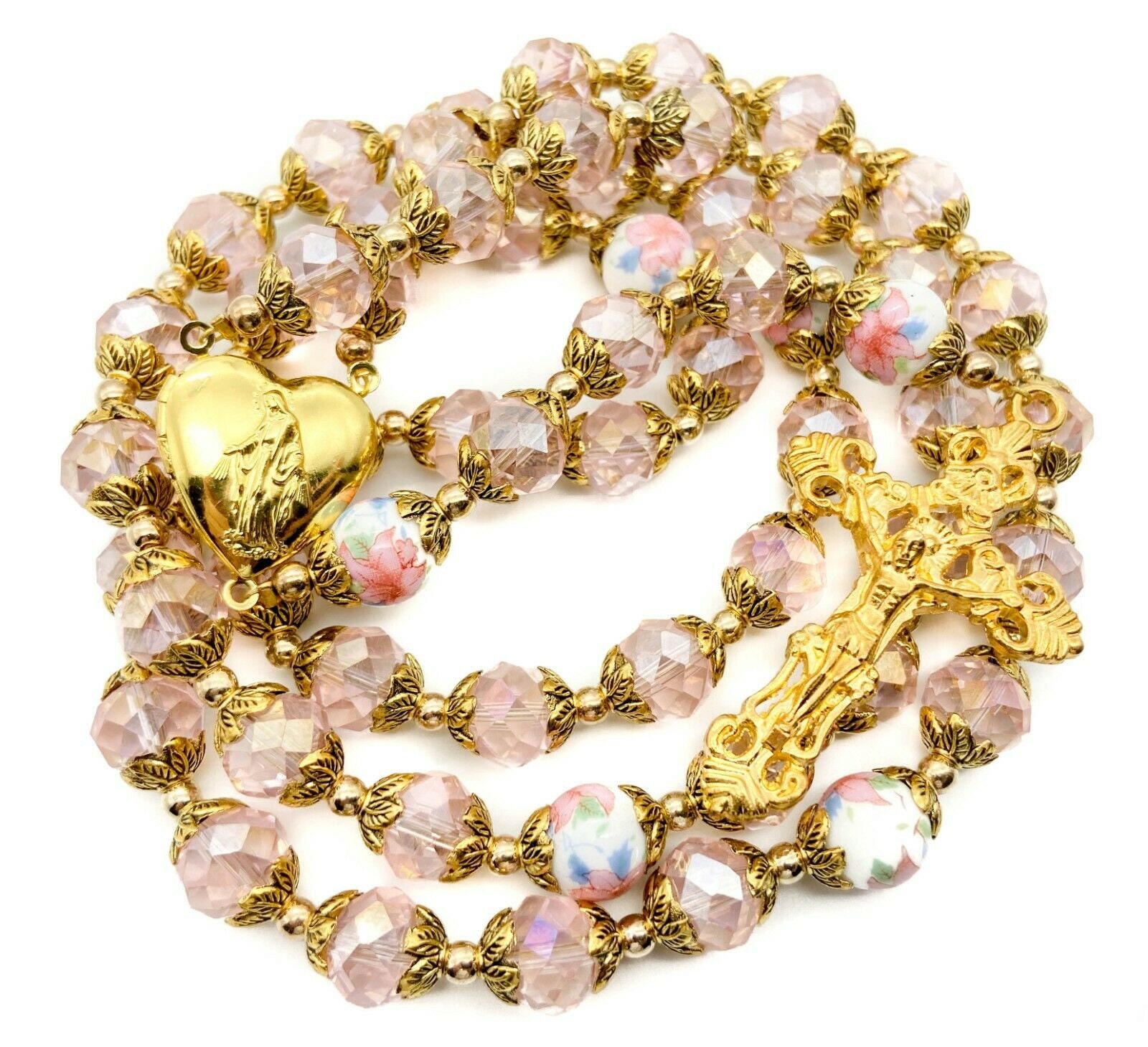 Pink Crystal Beads Rosary Necklace Catholic Chaplet Holy Etsy