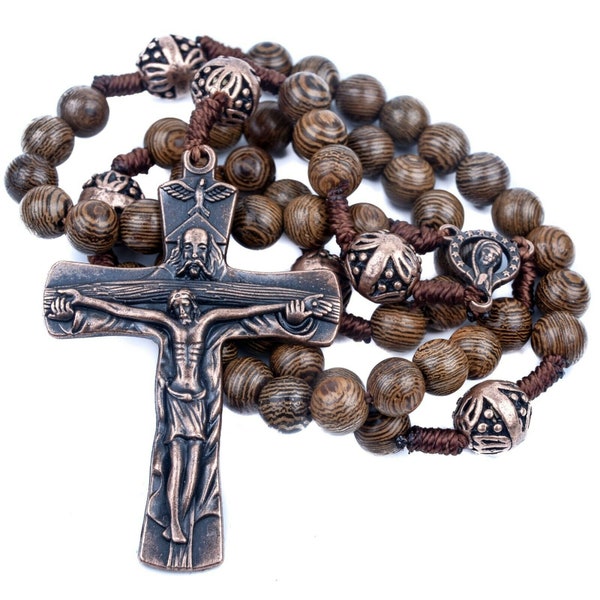 Wood Rosary Necklace Brown Wooden Beads Chaplet Holy Mary Medal  Large Cross Crucifix Packed - Velvet Bag