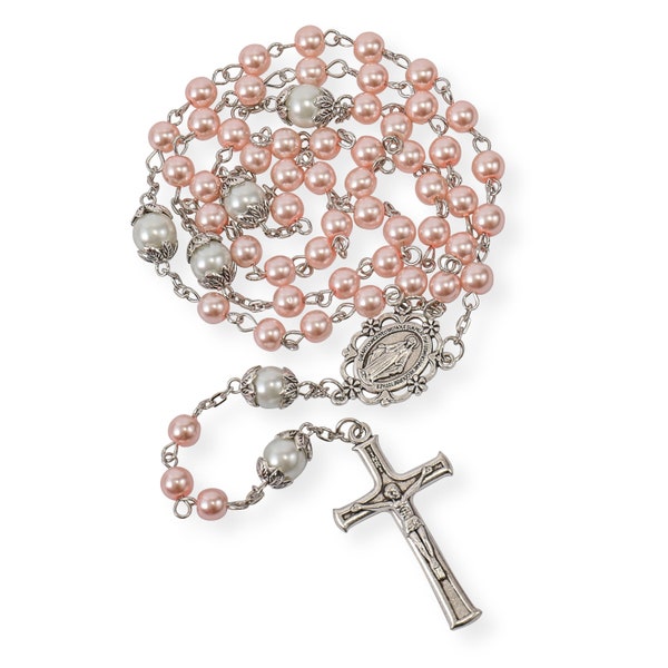 Pink Pearl Beads Rosary White Our Father Beaded Necklace Rosary Lourdes Medal & Cross Crucfix