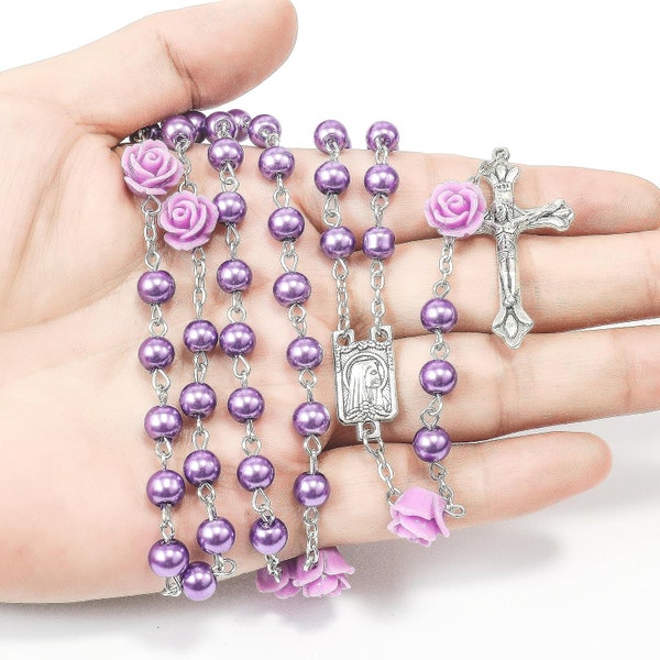 Purple Rosary Necklace Pearl Glass Beads With Rose Flowers Lourdes Medal and Cross Crucifix 20"