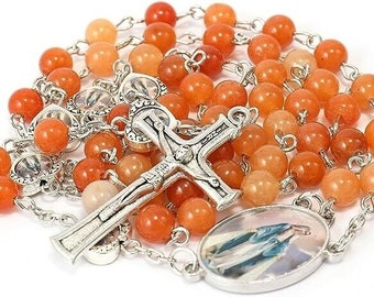 Red Aventurine Stone Beads Rosary Necklace Miraculous Centerpiece with Holy Mary Medals & Silver Crucifix