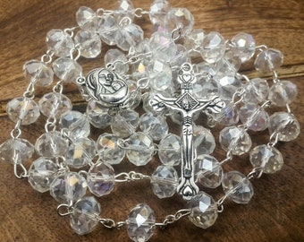 Catholic Rosary White Clear Crystal Beads Necklace with Holy Soil Medal & Cross Crucifix - Velvet Gift Bag