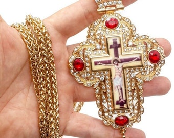 Red Zircons Crystallized Pectoral Cross Christian Clergy Pendant With Long Necklace In Gift Box