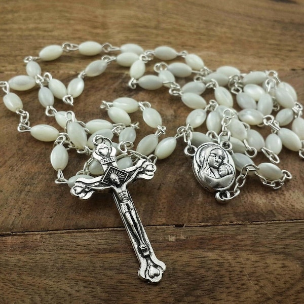 Mother Of Pearl Rosary Necklace White 7mm Beads Catholic Shell Rosario with Holy Soil and Cross in Velvet Bag