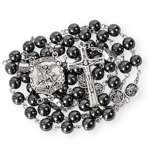 St. Michael Hematite Stone Beads Rosary Necklace with Our Lord Prayer Projecting Medal Saint Centerpiece and Cross