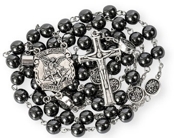 St. Michael Hematite Stone Beads Rosary Necklace with Our Lord Prayer Projecting Medal Saint Centerpiece and Cross