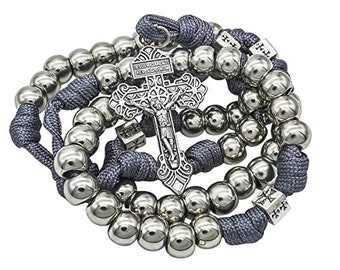 Stainless Steel Silver Beads Paracord Rosary Rugged Necklace Strong Cord Catholic Rosary with Pardon Crucifix