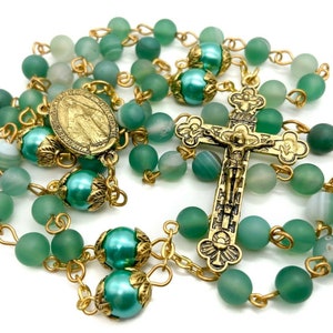 Green Pearl Matte Beads Rosary Necklace Catholic Chaplet with Miraculous Medal & Cross