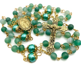 Green Pearl Matte Beads Rosary Necklace Catholic Chaplet with Miraculous Medal & Cross