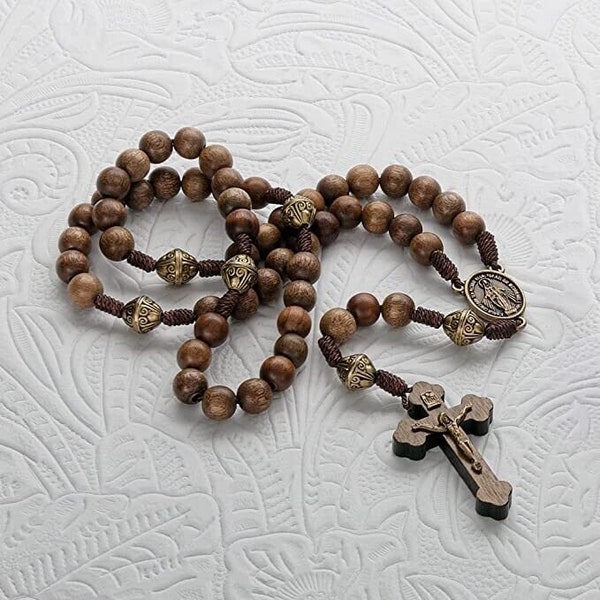 Our Lady Walnut Wood Rosary Beads Beaded Necklace Metal Mystery Beads 20"