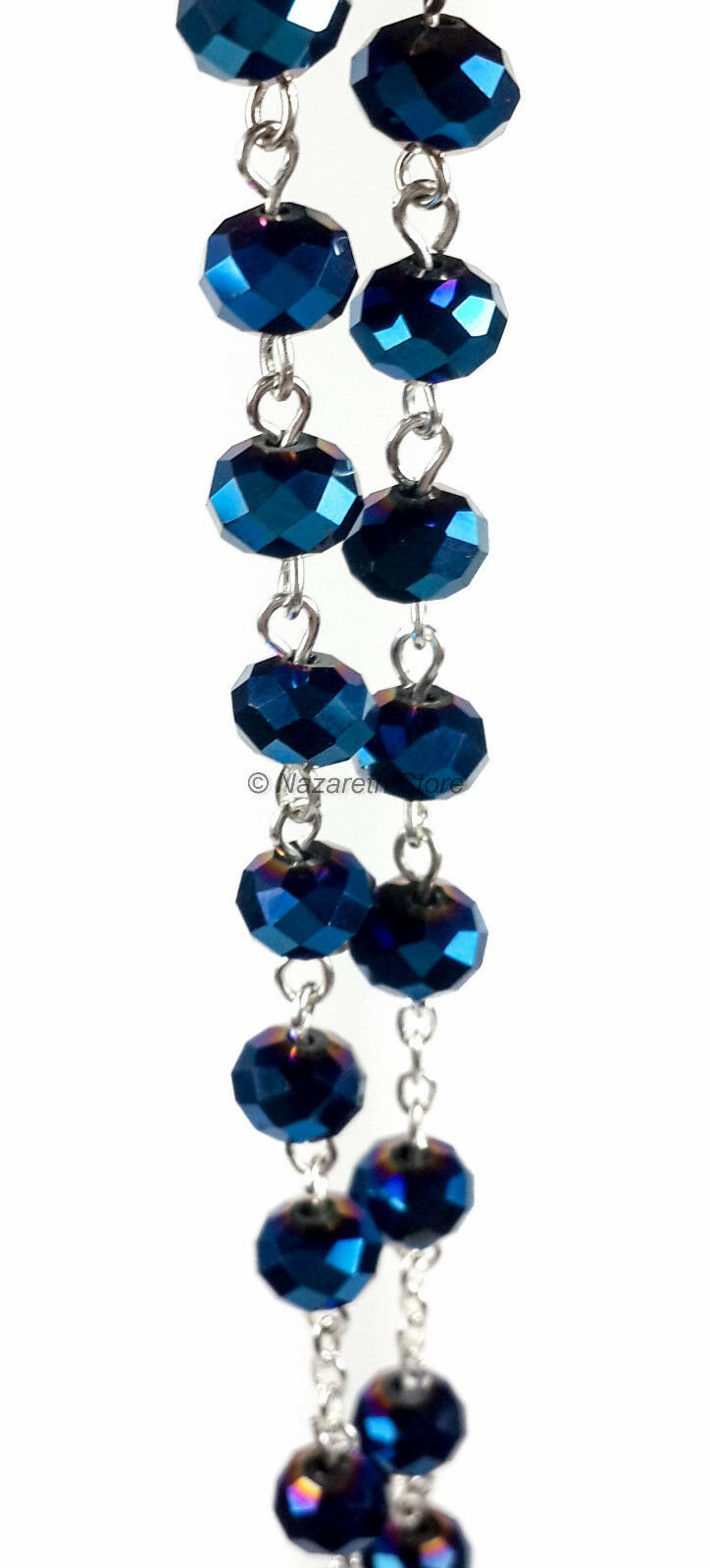 Navy Blue Crystal Beads Rosary Necklace With Holy Soil Medal Etsy