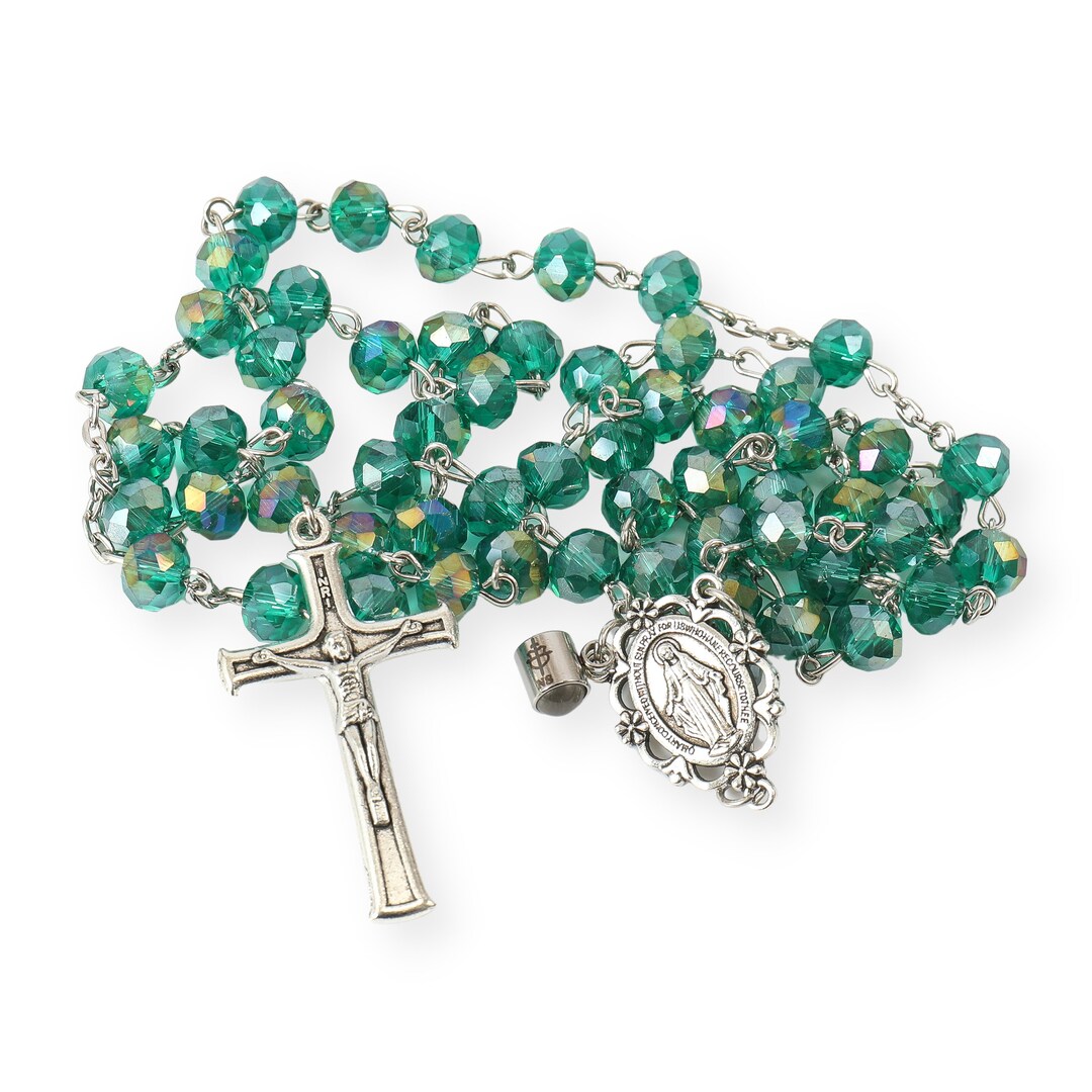 Green Crystallized Beads Rosary With Our Father Prayer Projection Medal