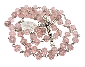 Crystal Pink Beads Rosary Necklace Miraculous Medal & Cross Crucifix in Velvet Bag