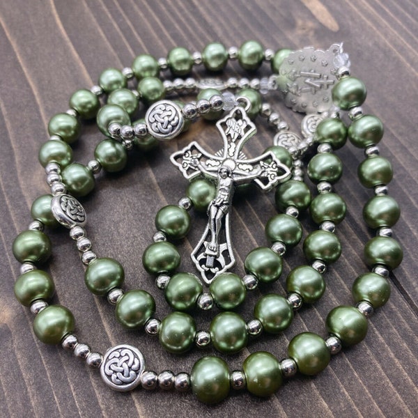 Green Pearl Glass Beads Rosary Necklace with Miraculous Medal & Silver Cross Crucifix