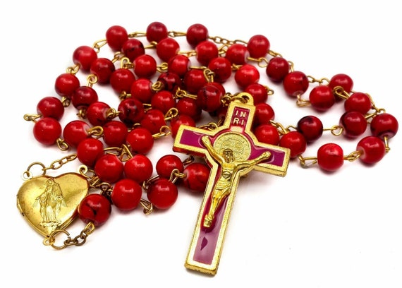 GOLD FILLED ROSARY NECKLACE Red-Black Azabache Beads Divine Child Medal and cross 