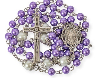 Purple Pearl Beads Rosary White Our Father Beaded Necklace Rosary Lourdes Medal & Cross Crucifix