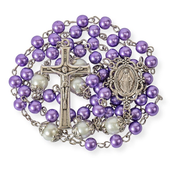 Purple Pearl Beads Rosary White Our Father Beaded Necklace Rosary Lourdes Medal & Cross Crucifix