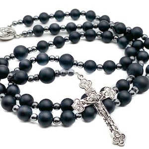 Black Agate Rosary Beads Catholic Necklace Matte Beaded Chaplet Men Rosario Hematite Stones with Holy Soil and Millenium Cross