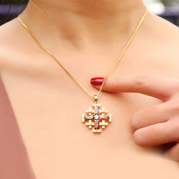 Gold Plated Jerusalem Cross Pendant Red Garnet Crystallized Crucifix Necklace 20"