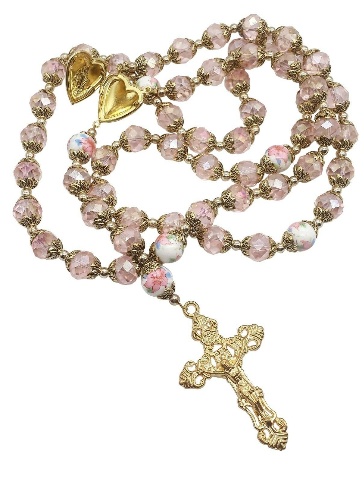Pink Crystal Beads Rosary Necklace Catholic Chaplet Holy Etsy
